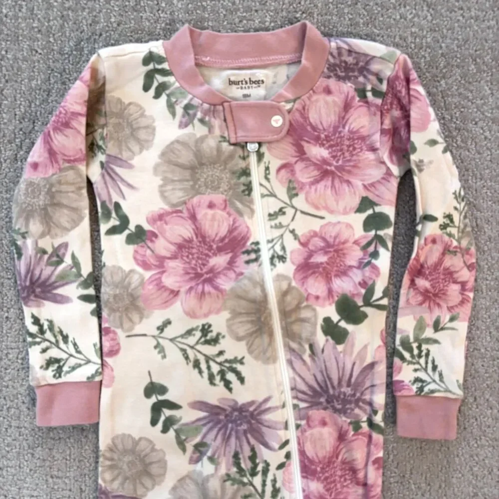 Burt’s Bees Baby Girl 18 Months Zip Up Footie Pajama Pink Flowers Organic Cotton